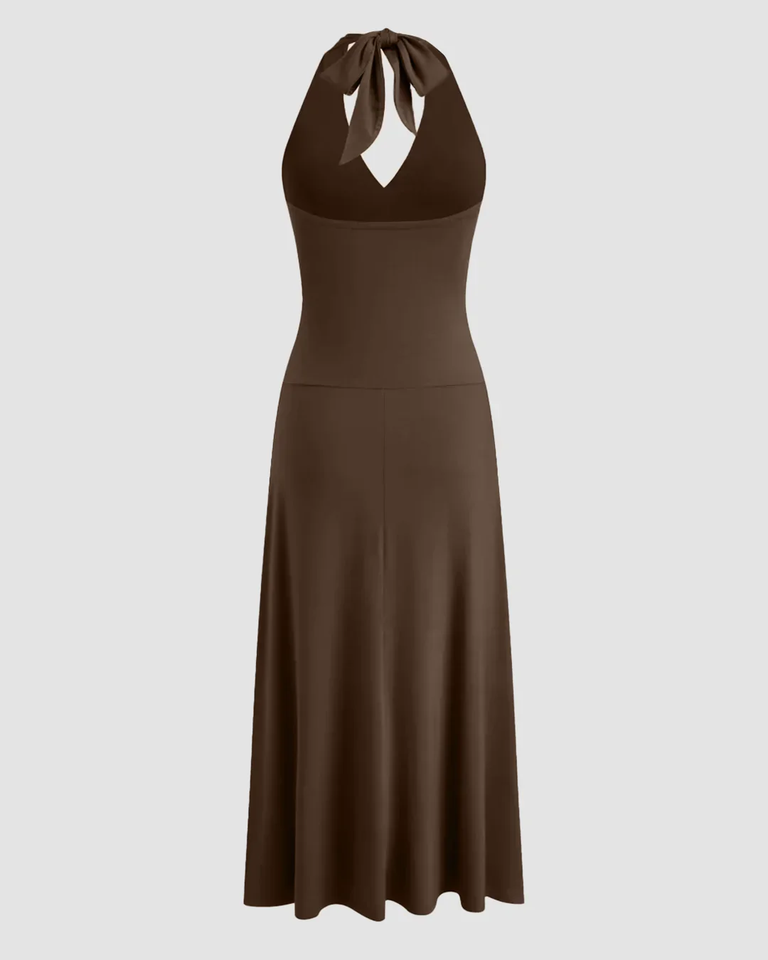 Brown Halter Neck Backless Ruched Waist Midi Dress - Image 2