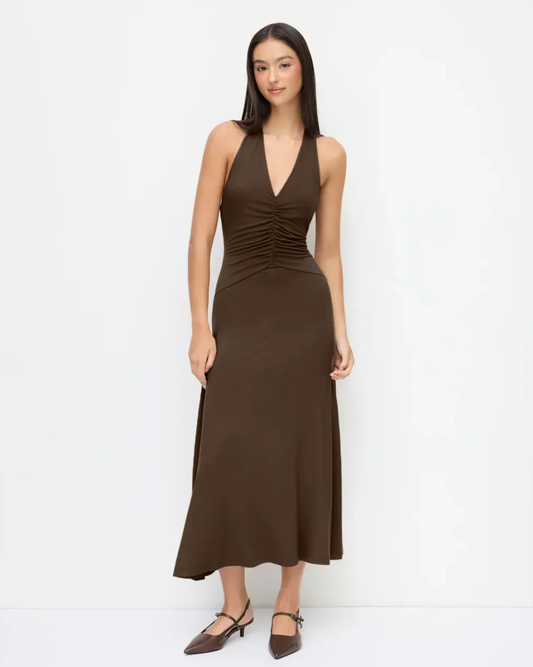 Brown Halter Neck Backless Ruched Waist Midi Dress - Image 3