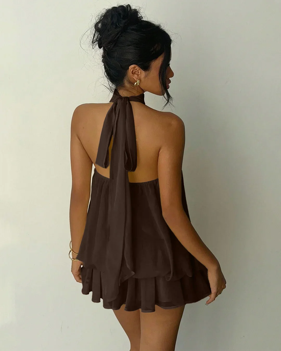 Brown Halter Tie Neck Layered Mini Dress - Image 3