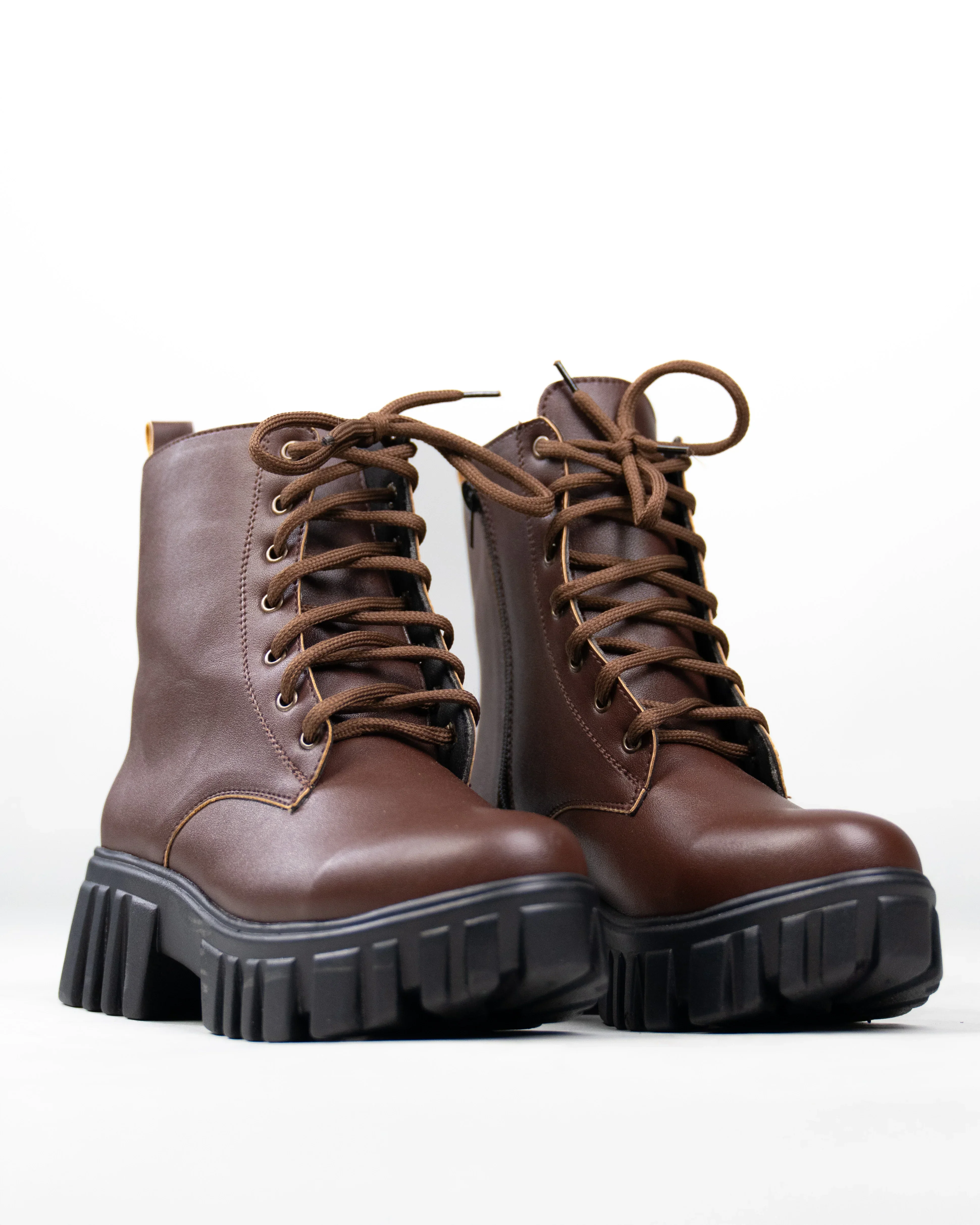 Brown Lace Up Chunky Platform Boots - Image 2