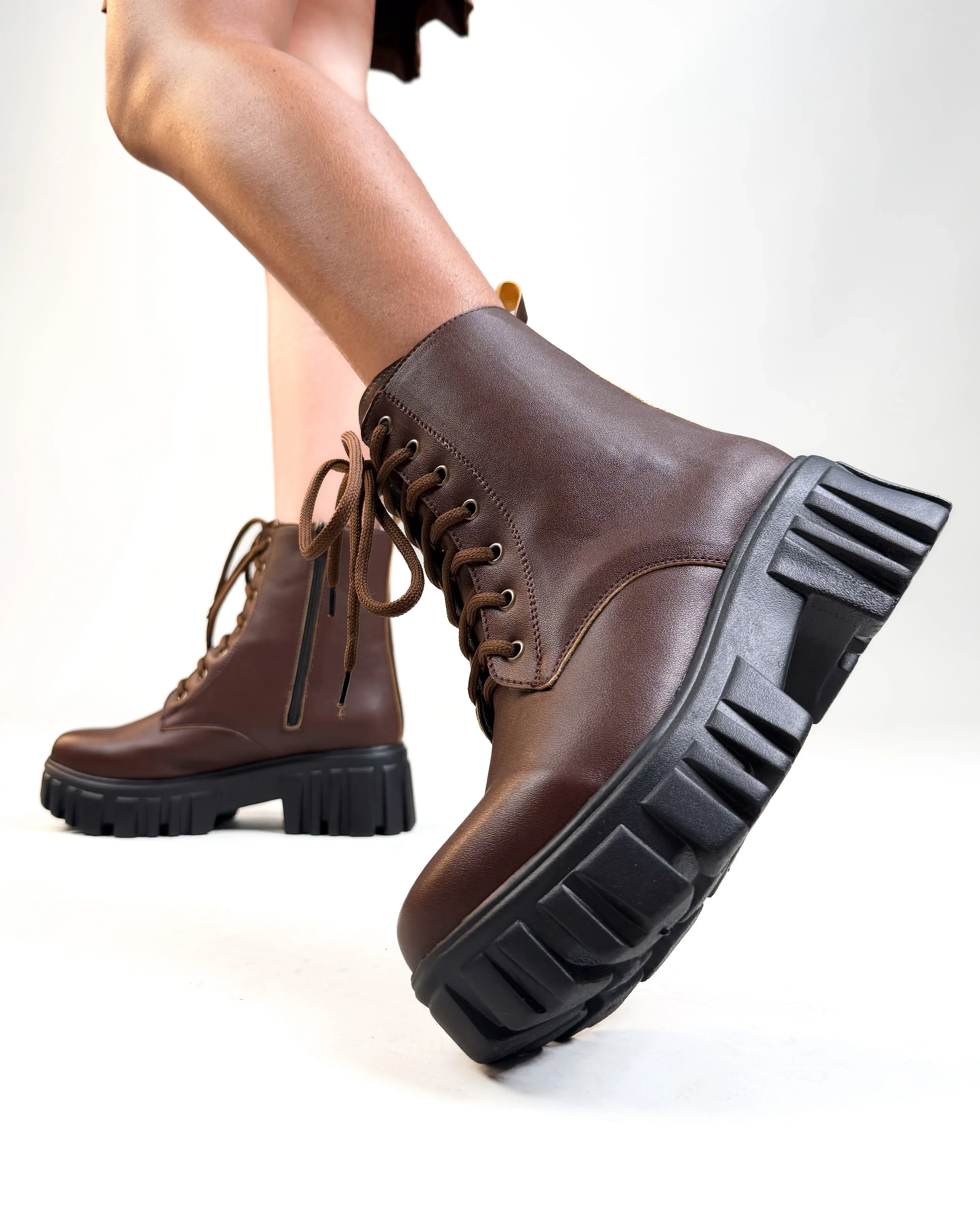 Brown Lace Up Chunky Platform Boots - Image 3