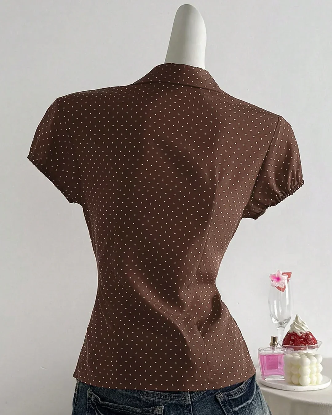Brown Polka Dot Button Down Collared Top - Image 2