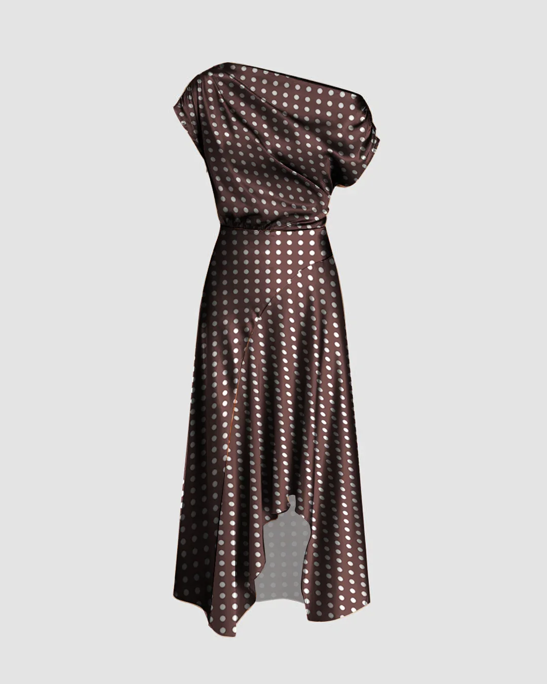 Brown Polka Dot Print One Shoulder Asymmetrical Midi Dress