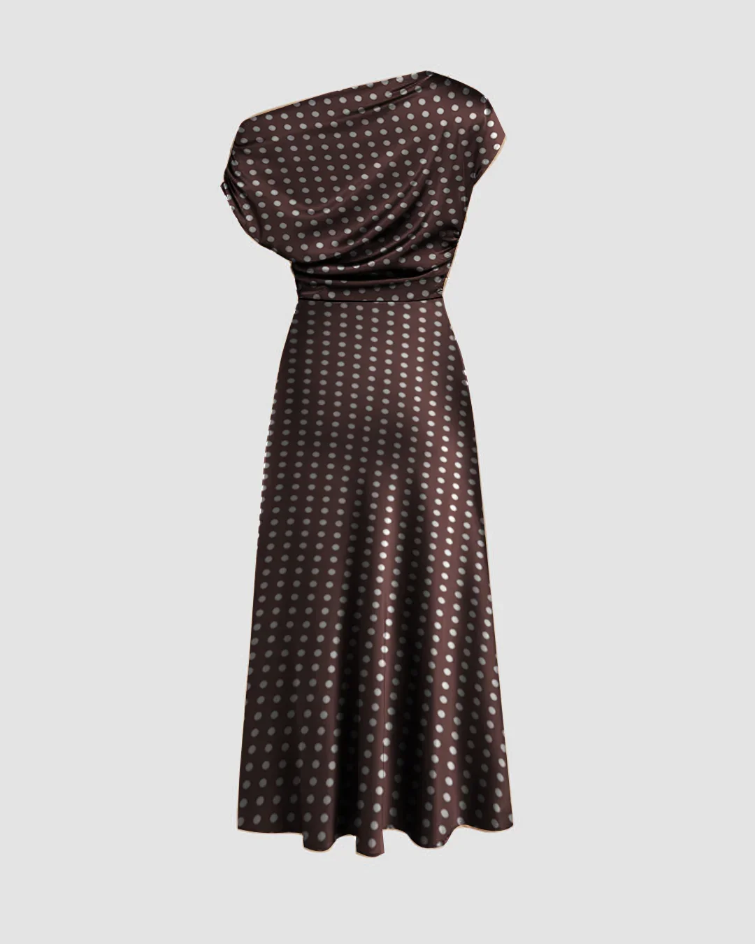 Brown Polka Dot Print One Shoulder Asymmetrical Midi Dress - Image 2