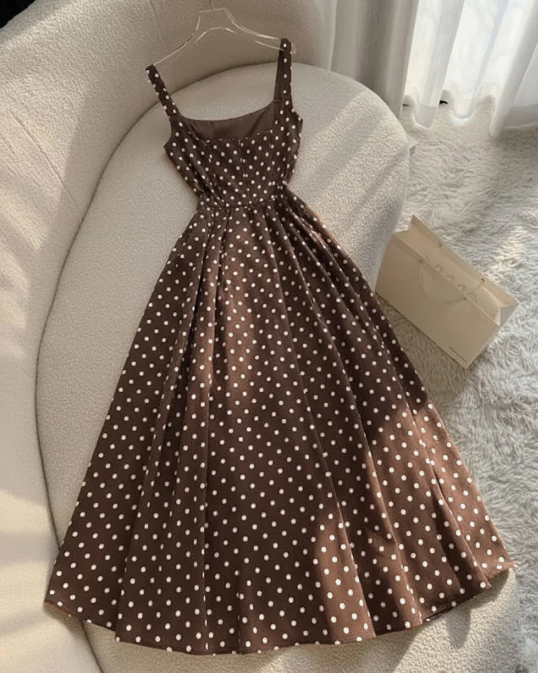 Brown Polka Dot Print Spaghetti Strap Sleeveless A-Line Midi Dress - Image 2