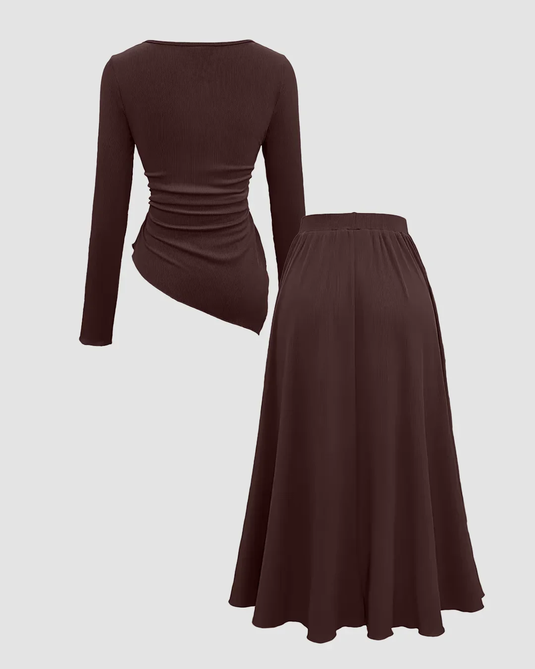 Brown Ribbed Asymmetrical Top & A-Line Skirt Two-Piece Set - Image 2