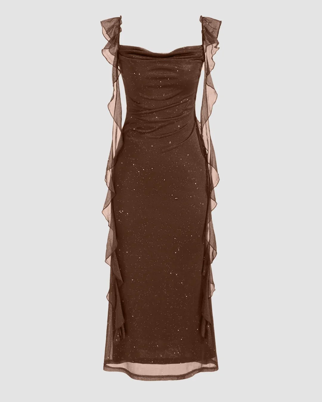 Brown Ruched Ruffle Mesh Sleeveless Bodycon Midi Dress