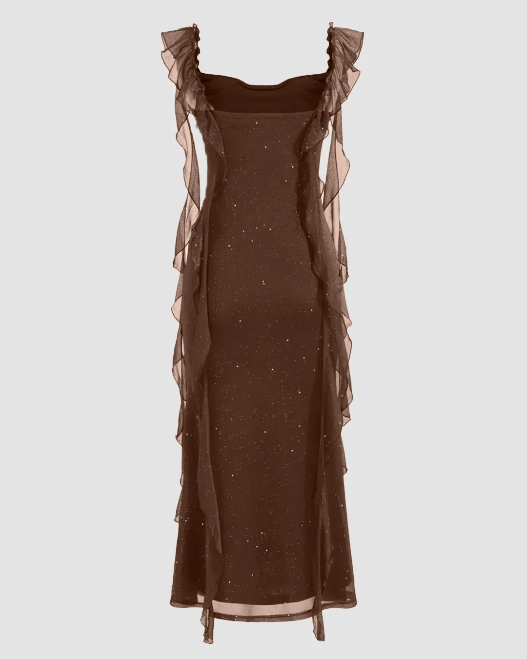 Brown Ruched Ruffle Mesh Sleeveless Bodycon Midi Dress - Image 2