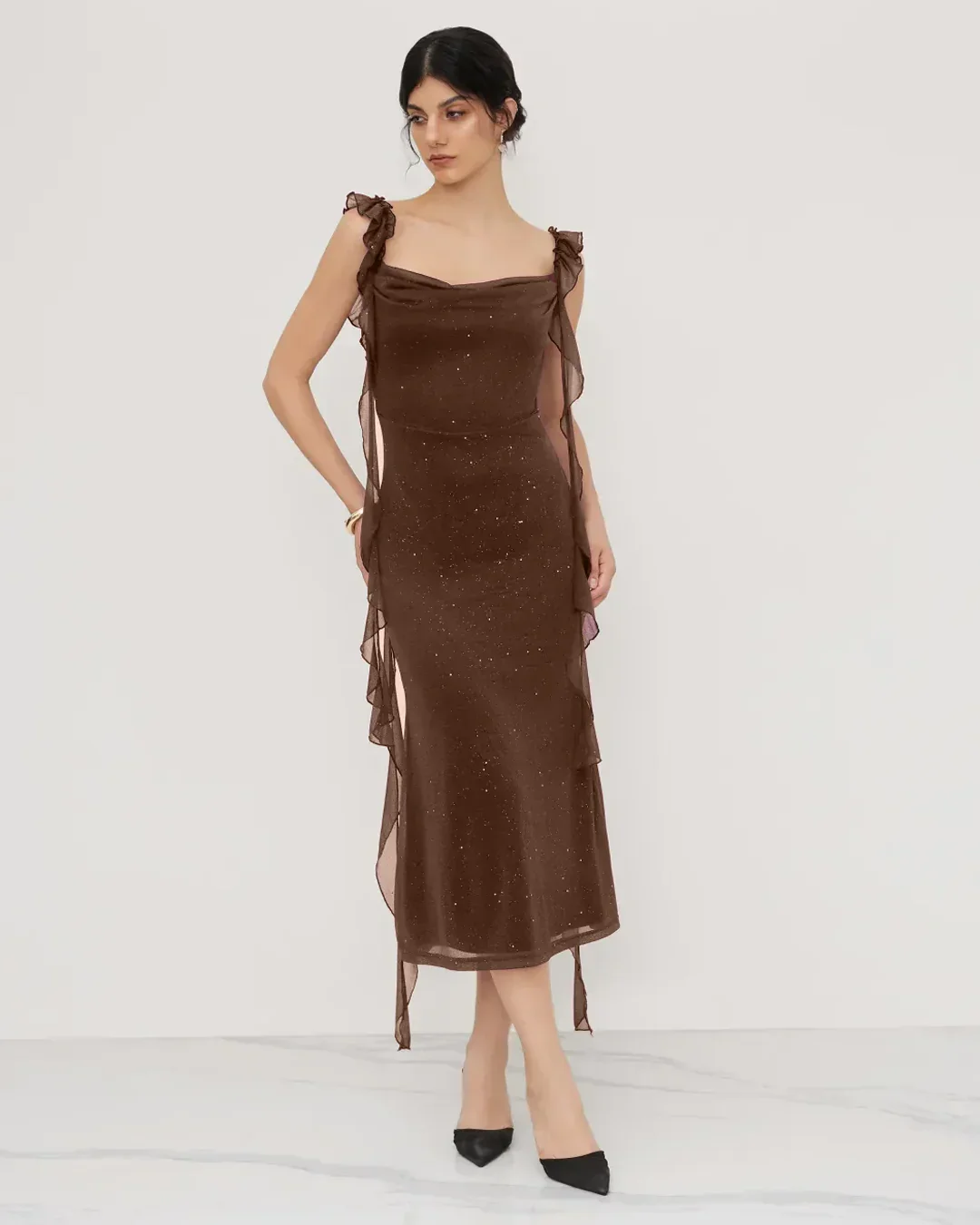 Brown Ruched Ruffle Mesh Sleeveless Bodycon Midi Dress - Image 3