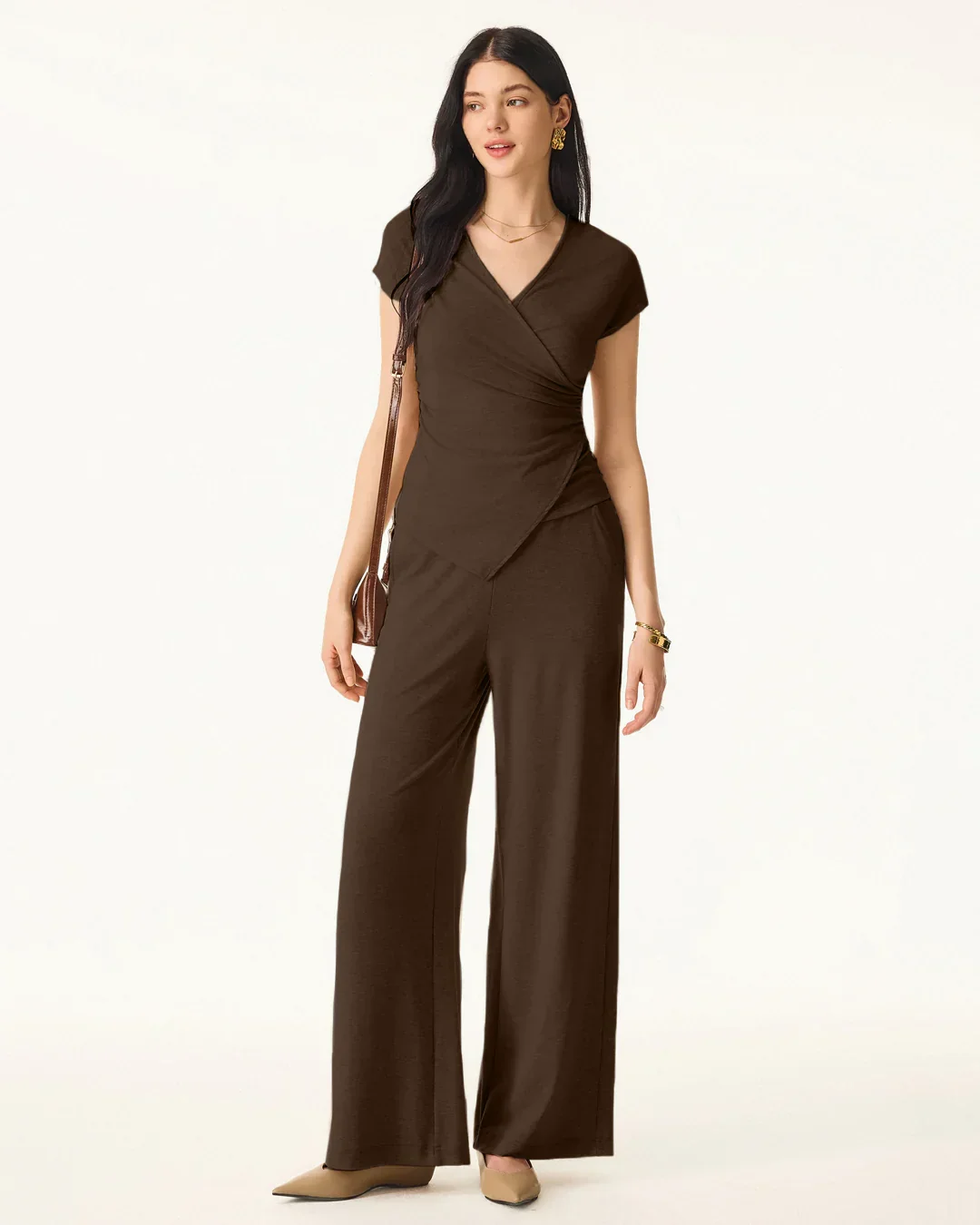 Brown Short Sleeve Wrap Top & Wide-Leg Trousers Co-ords Set - Image 2