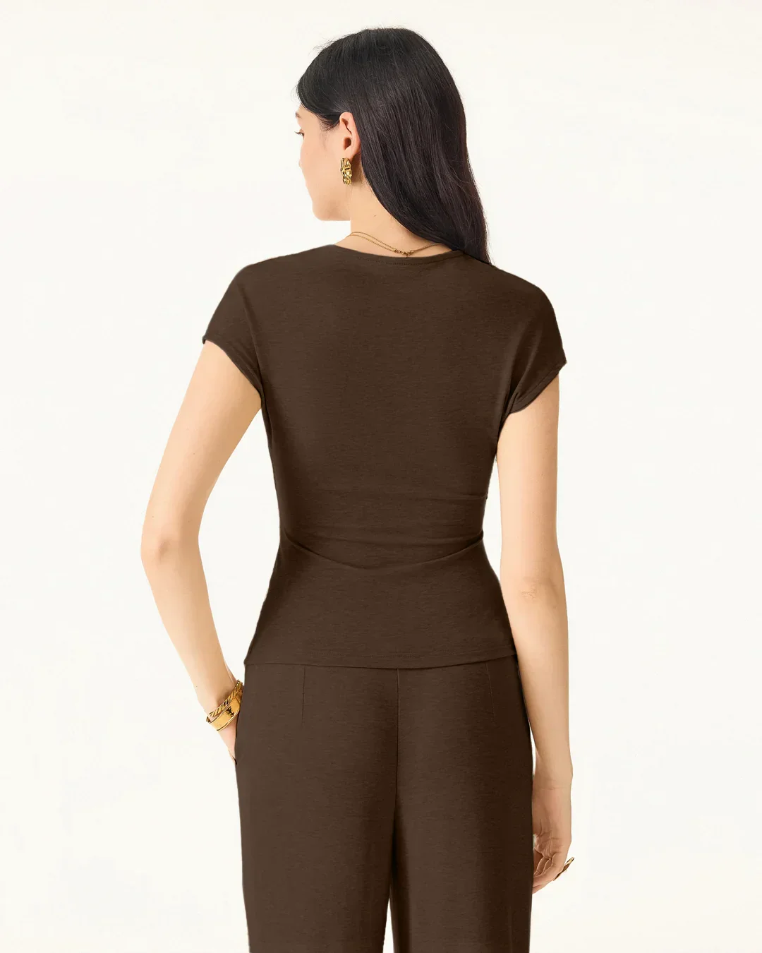 Brown Short Sleeve Wrap Top & Wide-Leg Trousers Co-ords Set - Image 3