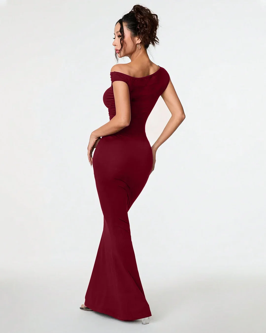 Burgundy Asymmetrical Neck Bodycon Maxi Dress - Image 2