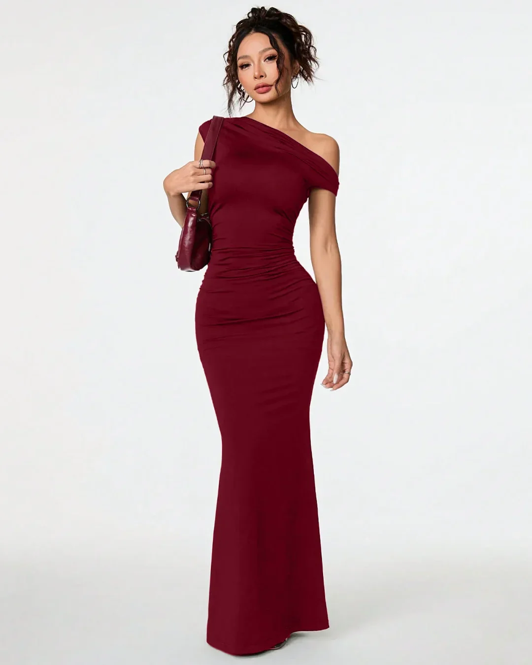 Burgundy Asymmetrical Neck Bodycon Maxi Dress - Image 3