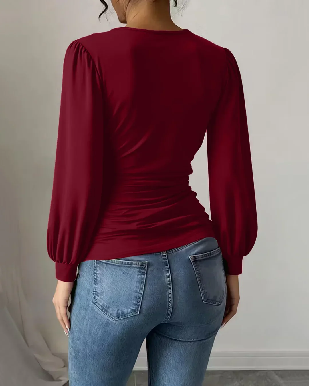 Burgundy Crossover V Neck Ruffled Waist Bubble Long Sleeve Top - Image 2