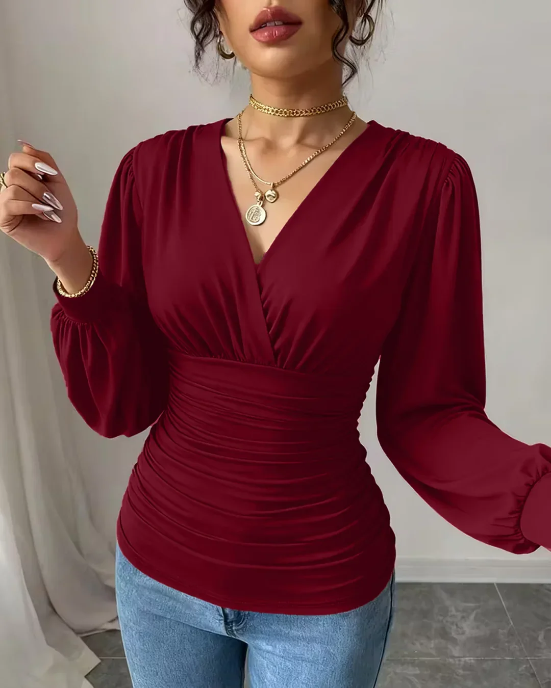 Burgundy Crossover V Neck Ruffled Waist Bubble Long Sleeve Top - Image 3