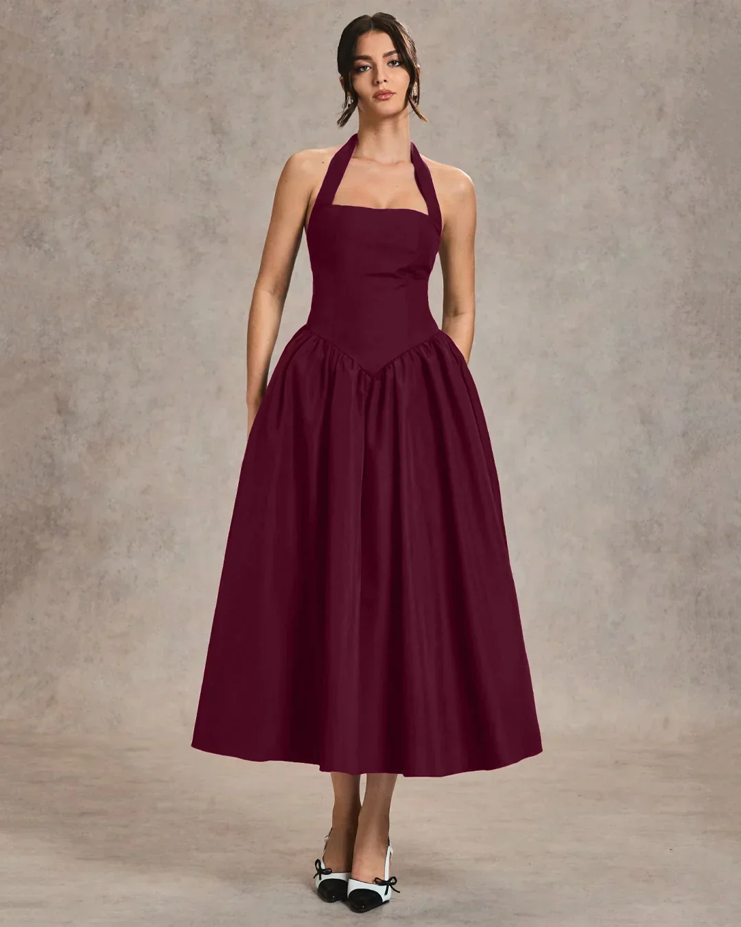Burgundy Halter Neck A-Line Midi Dress - Image 2
