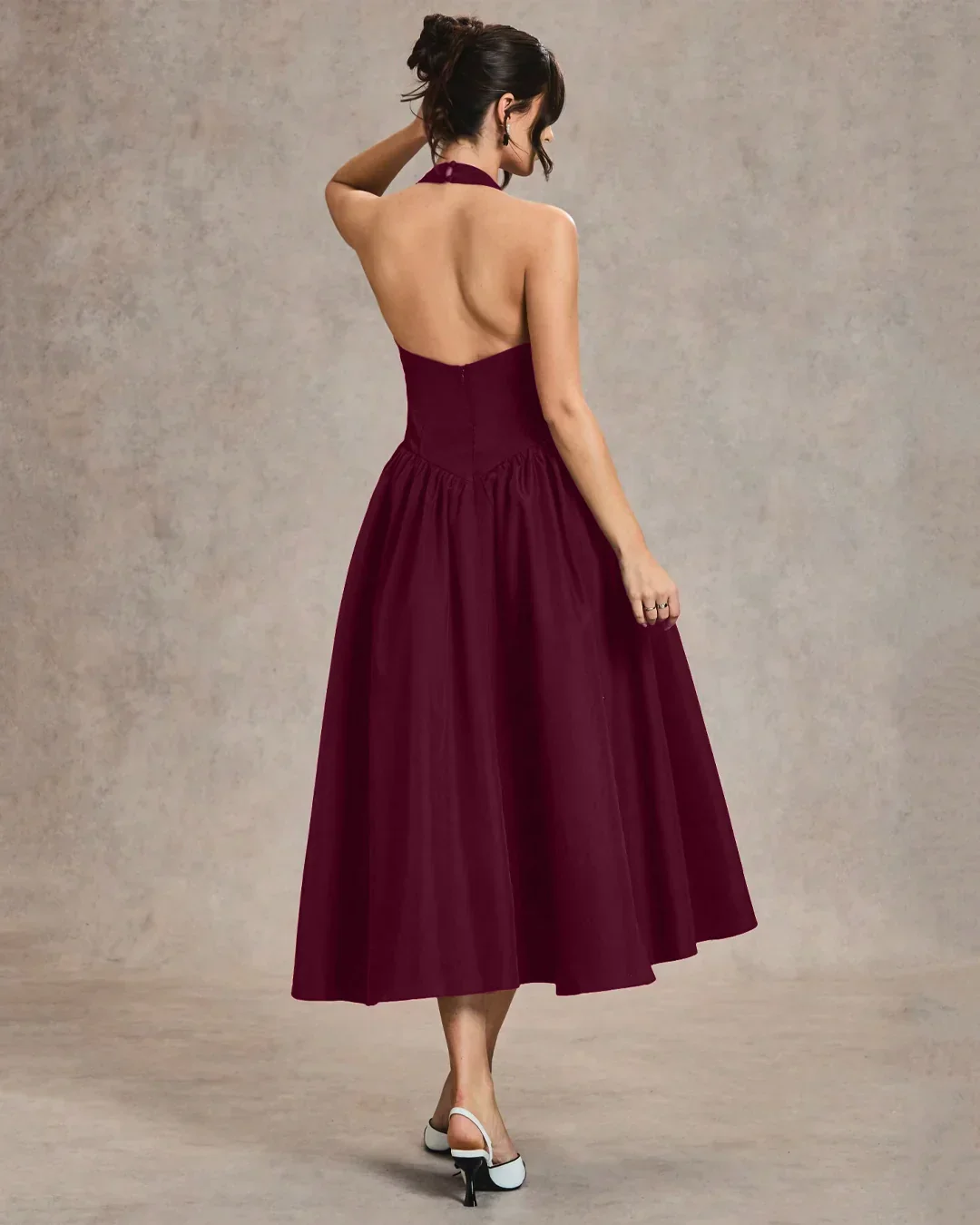 Burgundy Halter Neck A-Line Midi Dress - Image 3