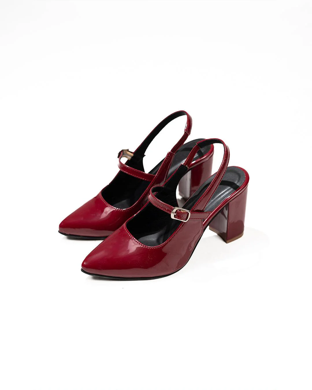 Burgundy Mary Janes Solid Block Heel - Image 3