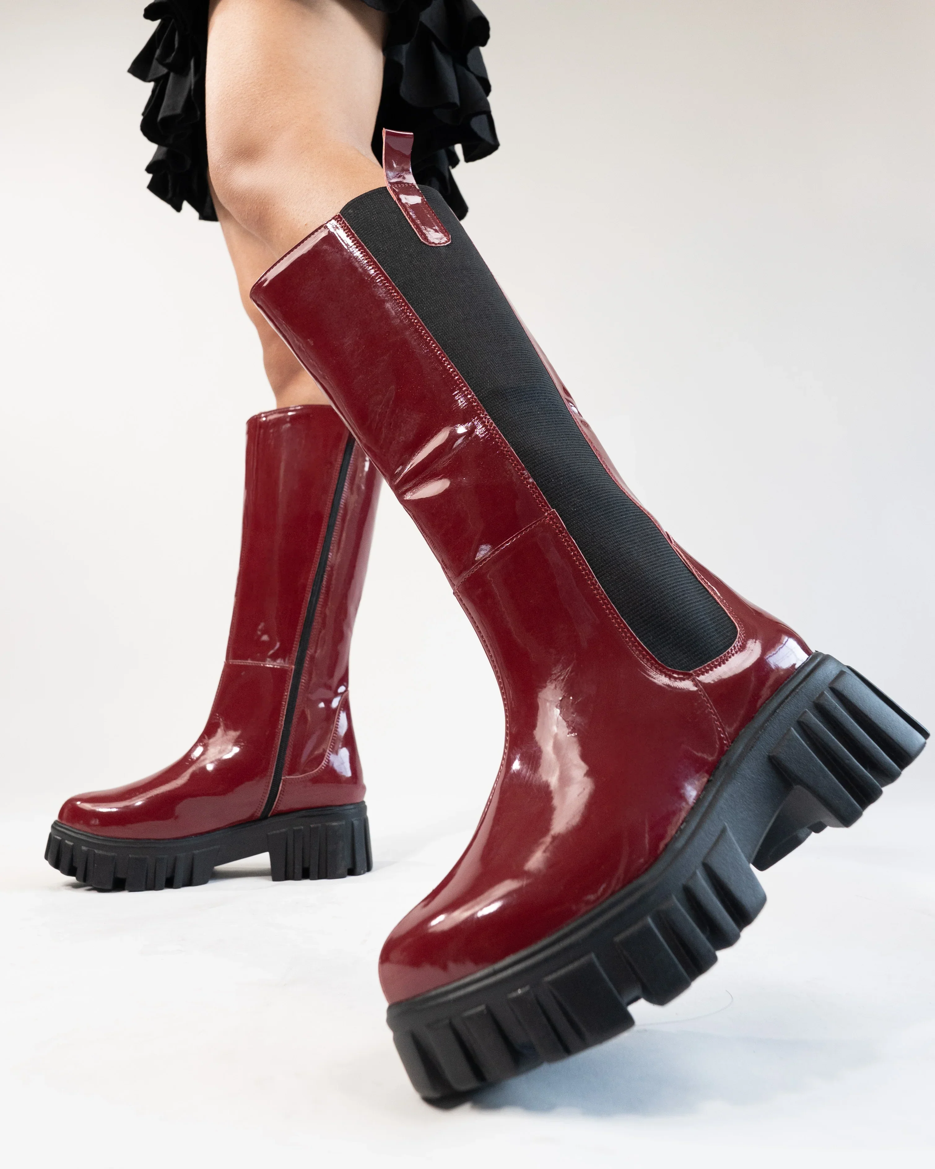 Burgundy Patent Slip-On Mid Calf Pull On Riding Boots - Image 2