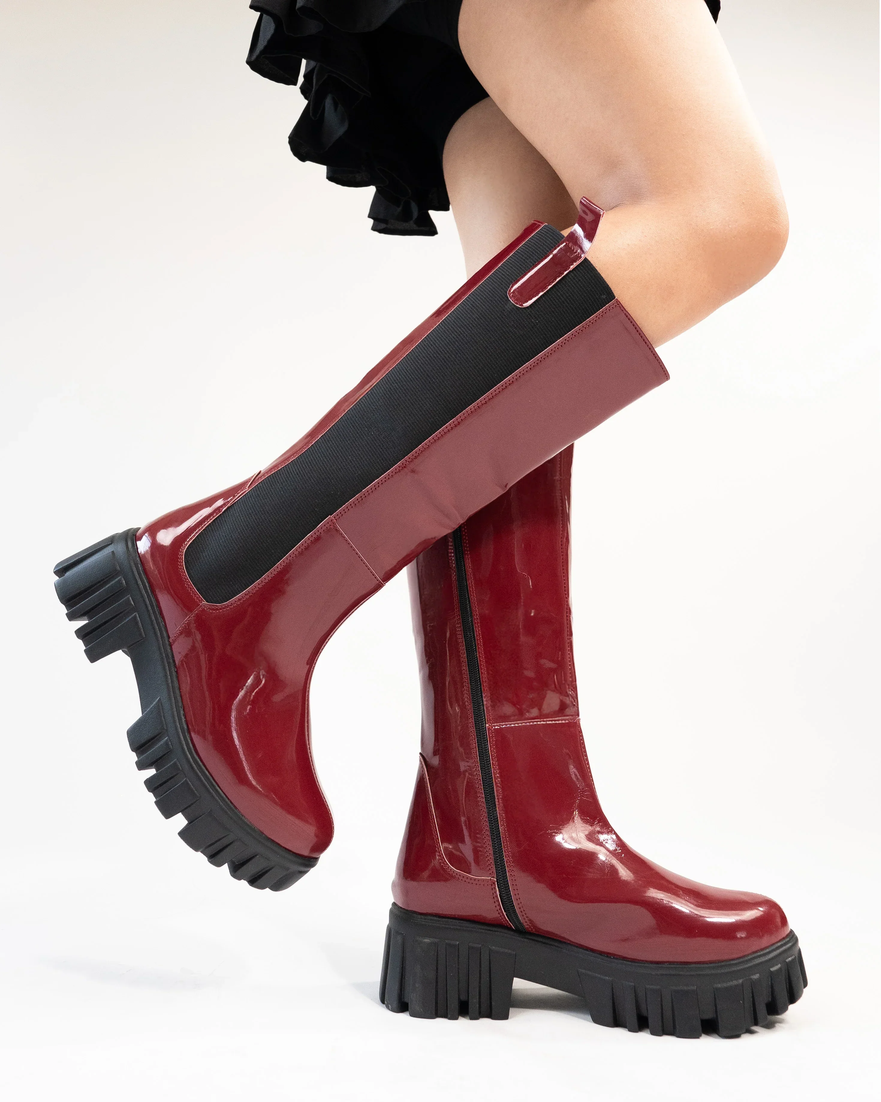 Burgundy Patent Slip-On Mid Calf Pull On Riding Boots - Image 3