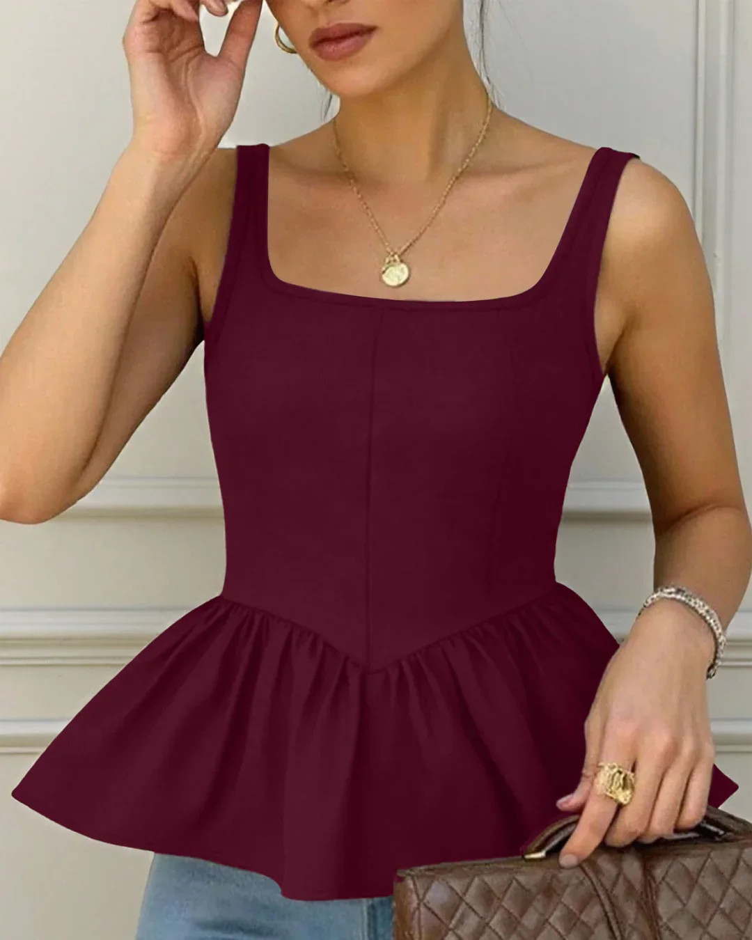 Burgundy Pleated Sleeveless Peplum Top - Image 3