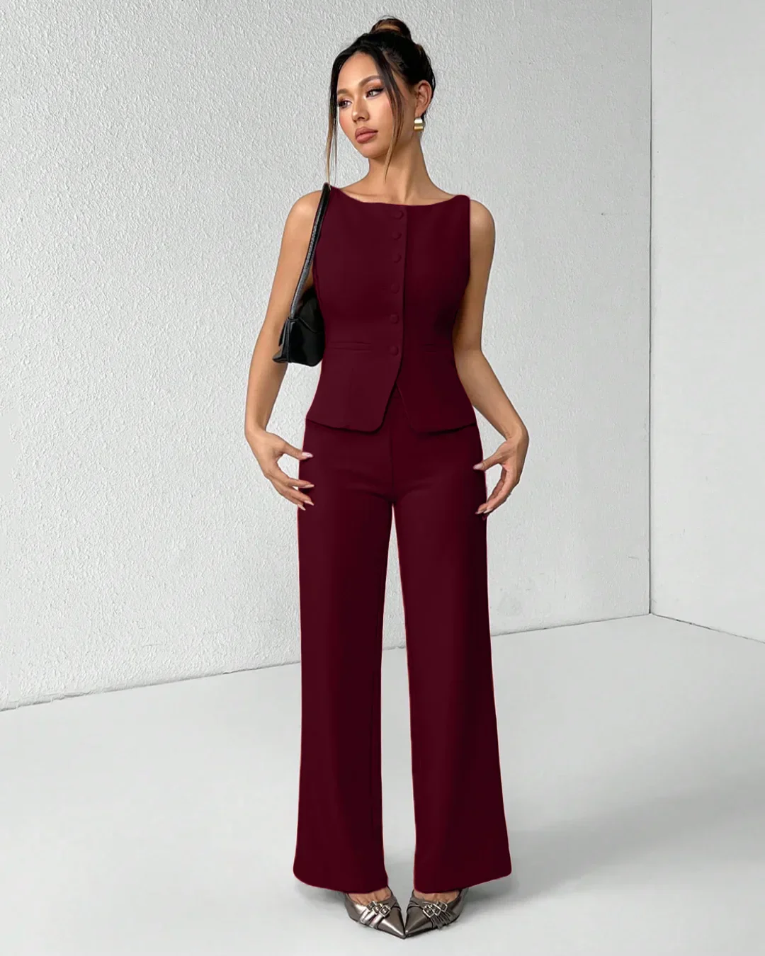 Burgundy Sleeveless Button Vest & Wide-Leg Trousers Co-ords Set - Image 2