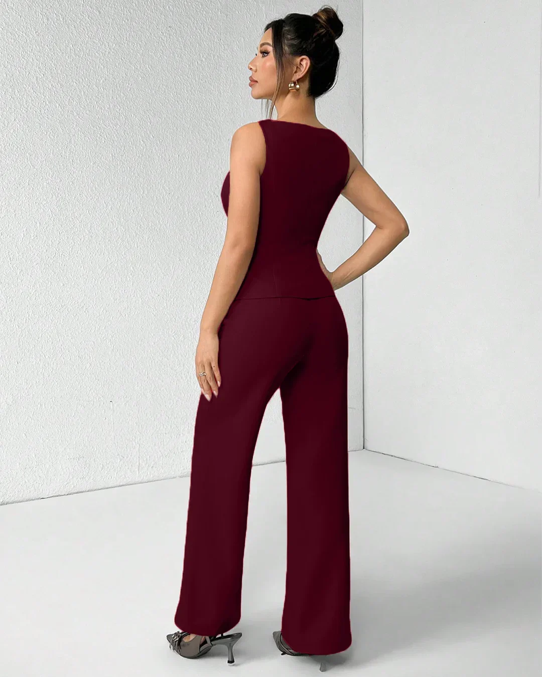 Burgundy Sleeveless Button Vest & Wide-Leg Trousers Co-ords Set - Image 3