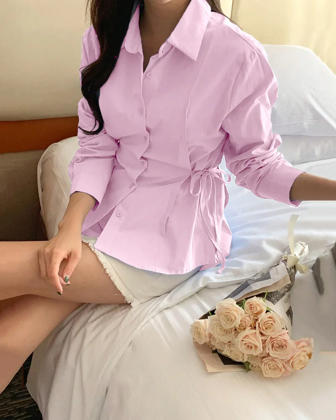 Button Down Collared Puff Sleeve Cotton Top in Pink - Image 2