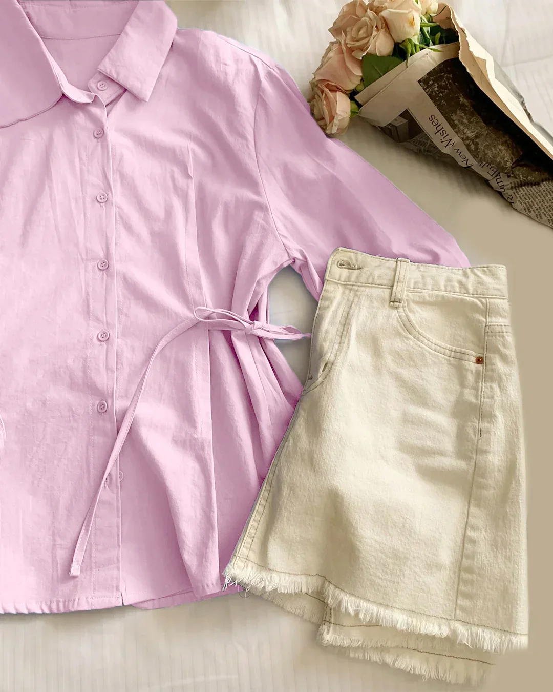 Button Down Collared Puff Sleeve Cotton Top in Pink - Image 3
