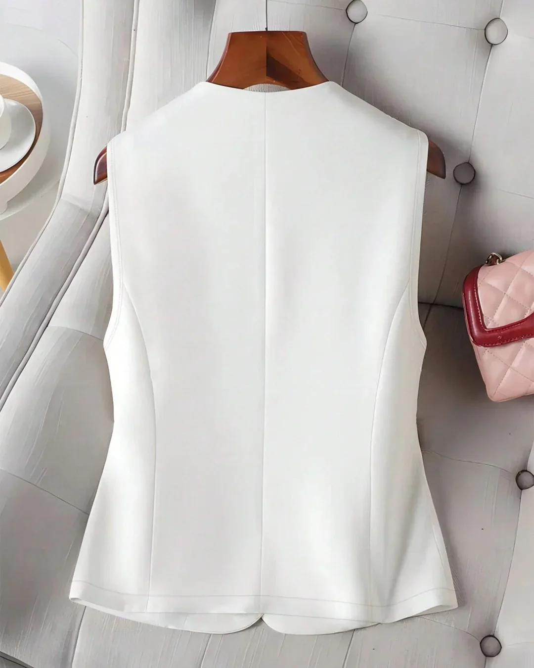 Button Down Tailored Sleeveless Blazer in White - Image 2