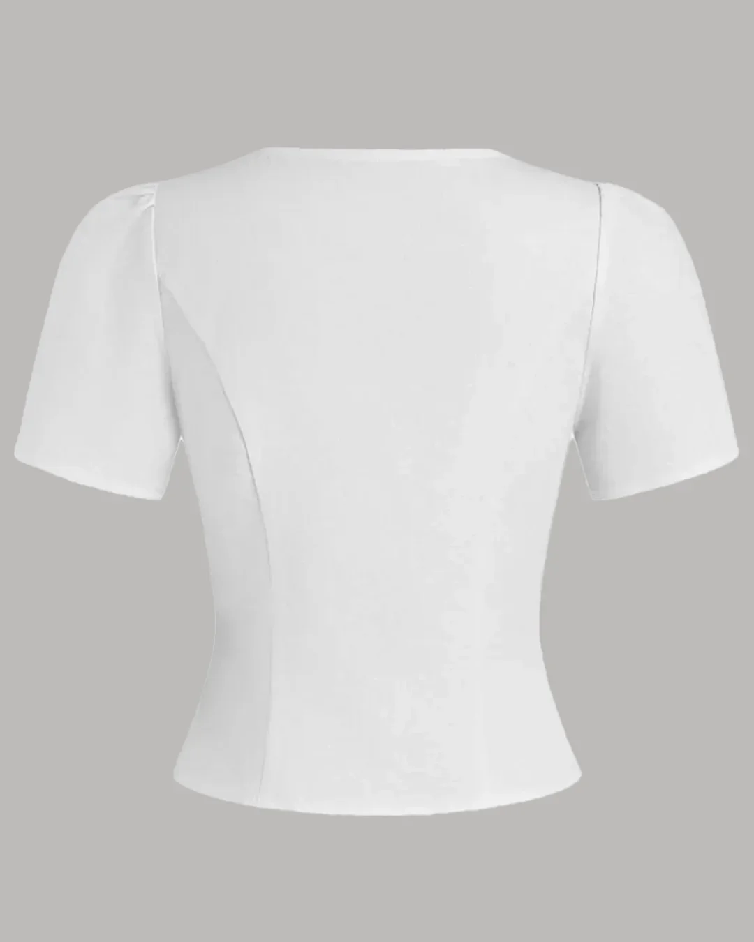 Button Front Round Neck Puff Sleeve Fitted Top in White - Image 2