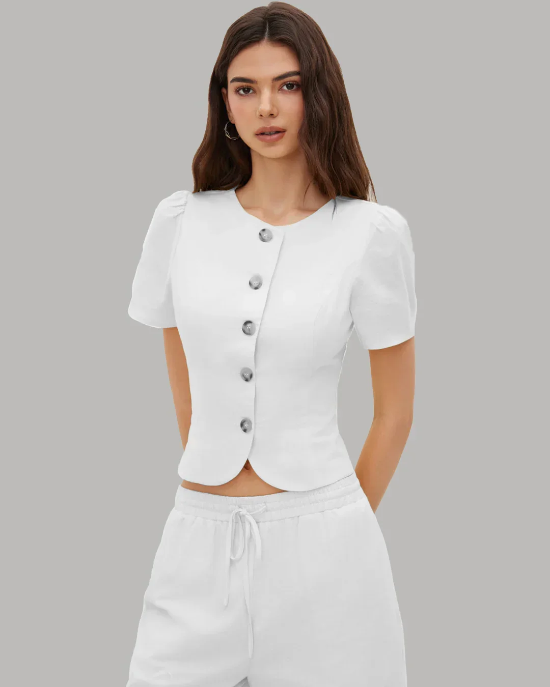 Button Front Round Neck Puff Sleeve Fitted Top in White - Image 3