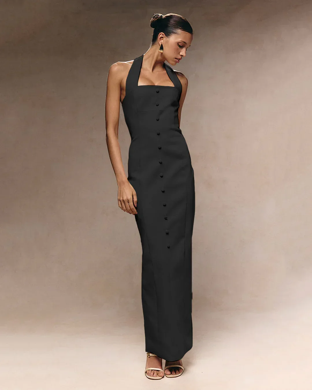 Button Front Halter Neck Bodycon Midi Dress in Black - Image 2
