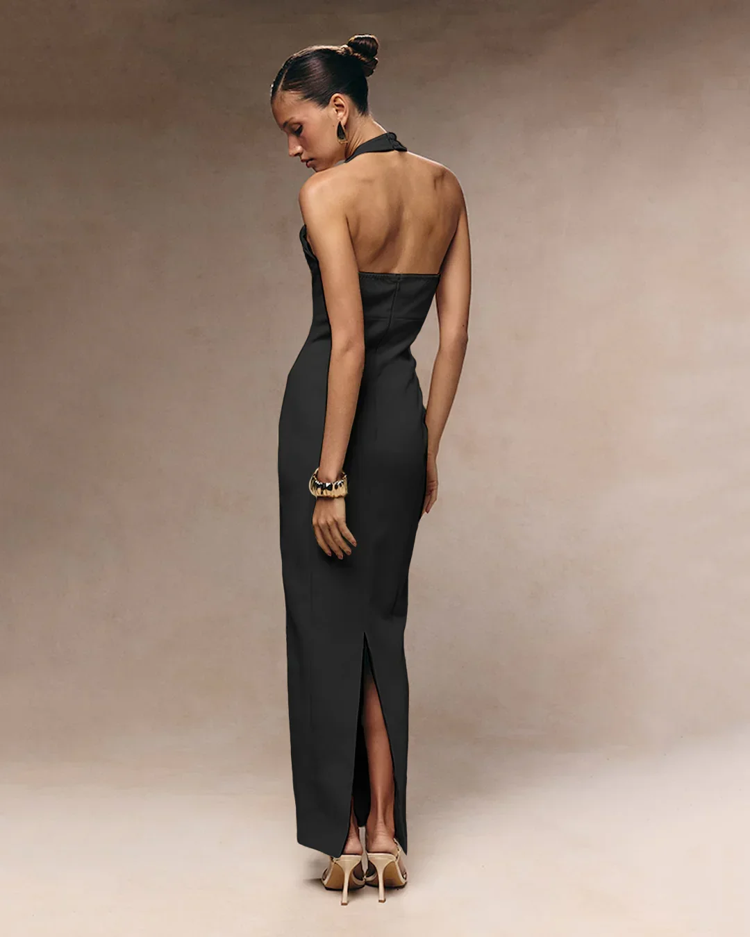 Button Front Halter Neck Bodycon Midi Dress in Black - Image 3