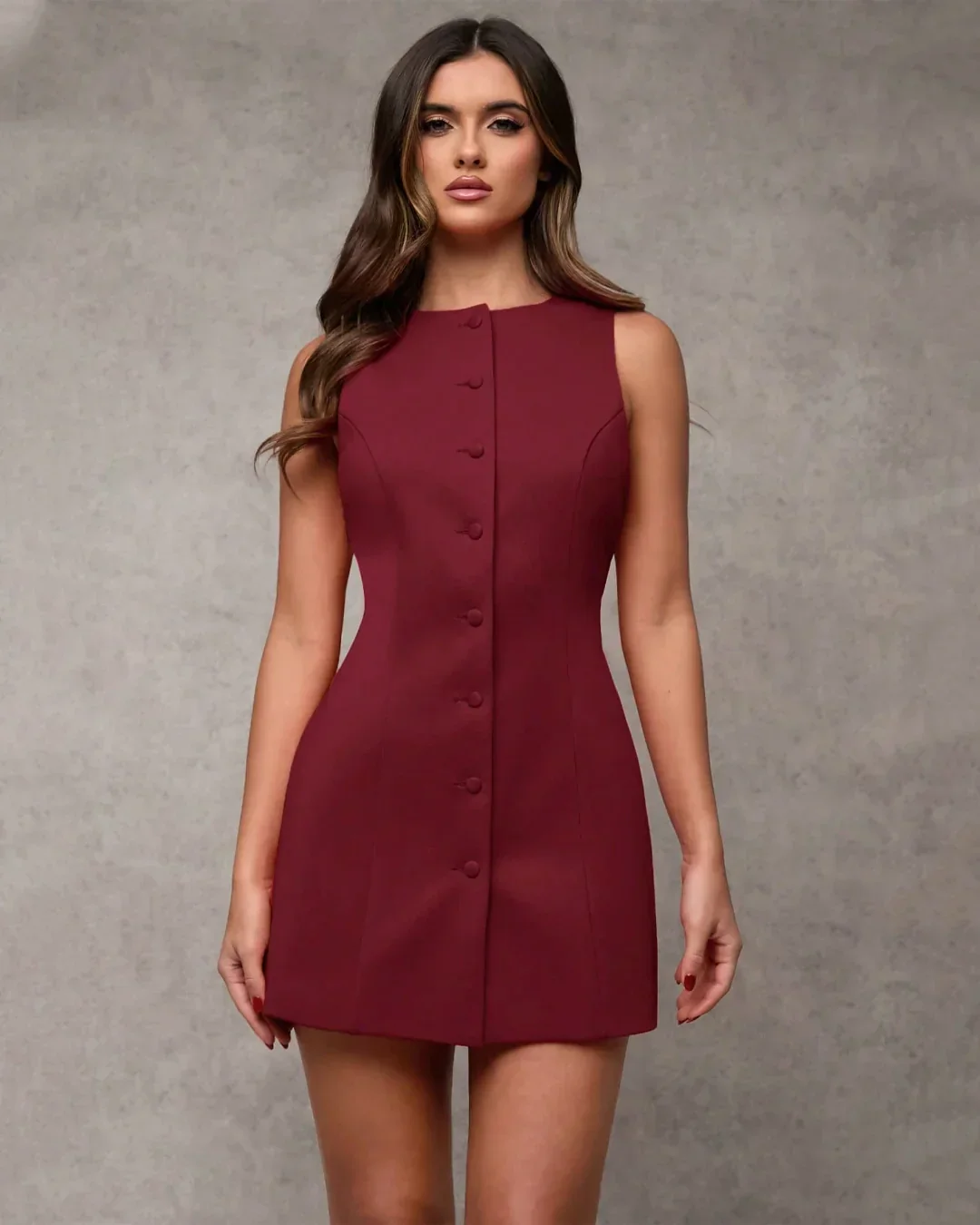 Button-Front Sleeveless Bodycon Mini Dress in Burgundy - Image 2