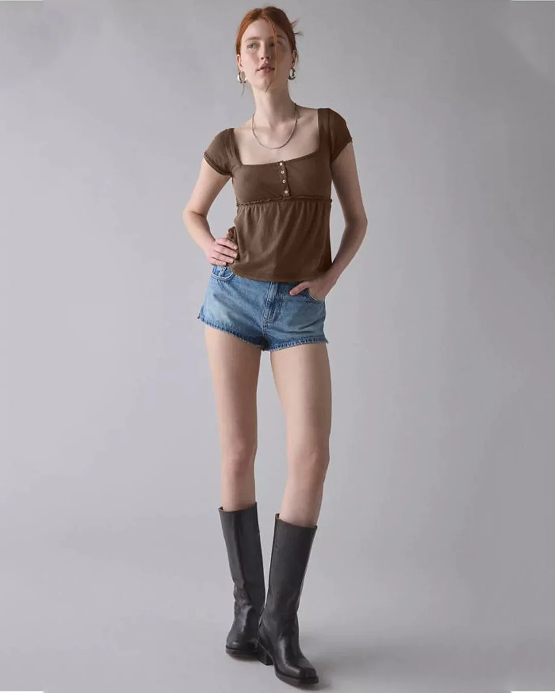 Button Front Square Neck Short Sleeve Top in Brown - Image 2
