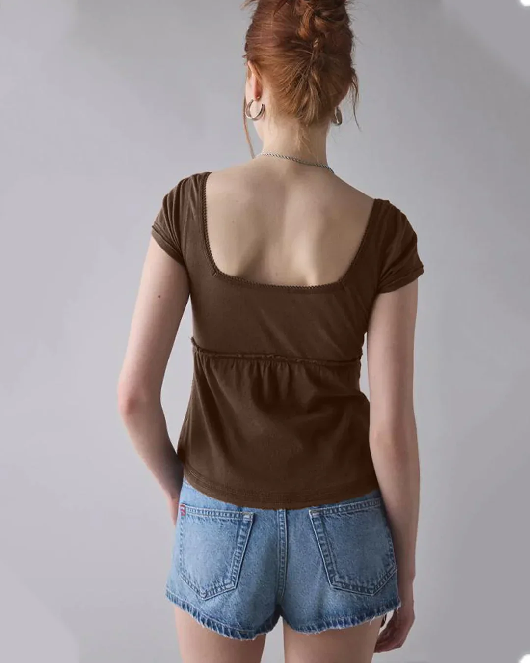 Button Front Square Neck Short Sleeve Top in Brown - Image 3