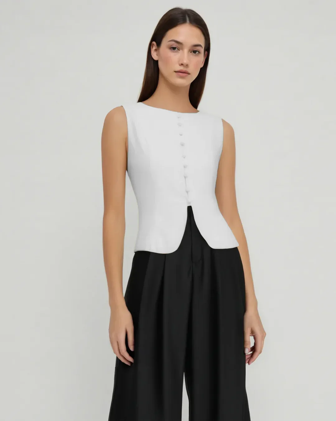 Button Front Tailored Sleeveless Top in White - Image 3