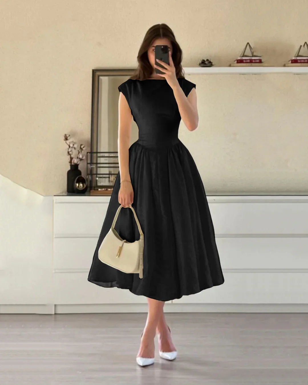 Cap Sleeve Fit & Flare A-Line Midi Dress in Black - Image 2