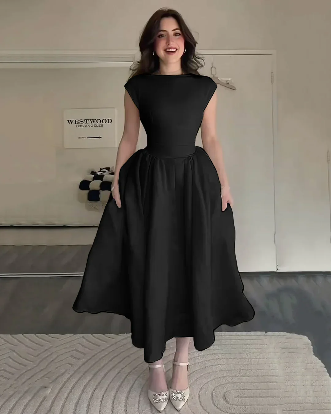 Cap Sleeve Fit & Flare A-Line Midi Dress in Black - Image 3