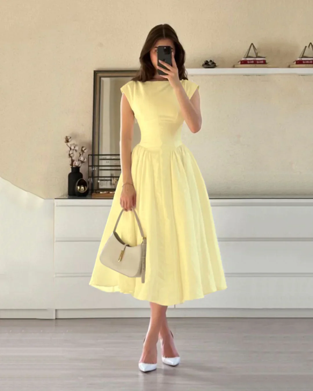 Cap Sleeve Fit & Flare A-Line Midi Dress in Vanilla - Image 2