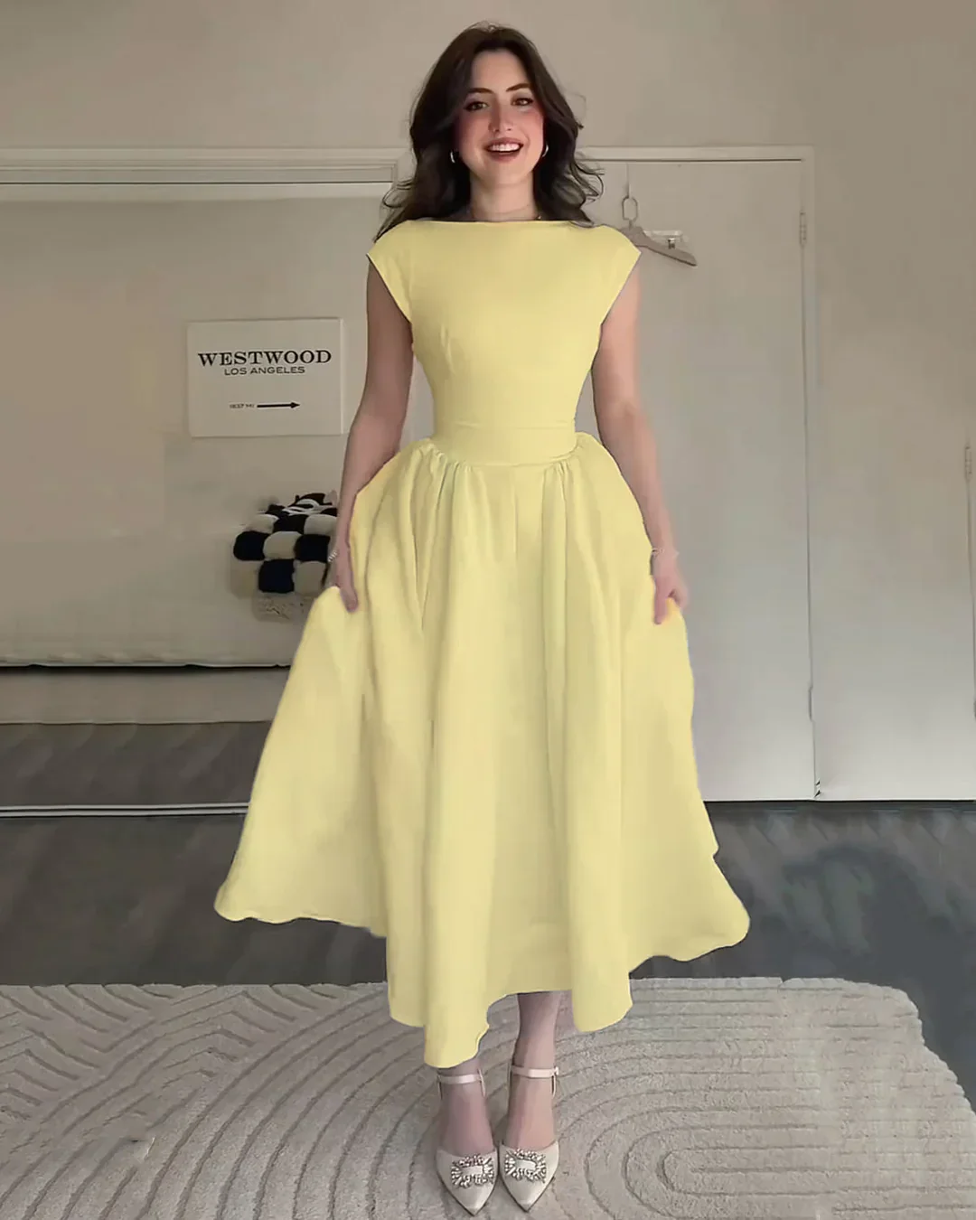 Cap Sleeve Fit & Flare A-Line Midi Dress in Vanilla - Image 3