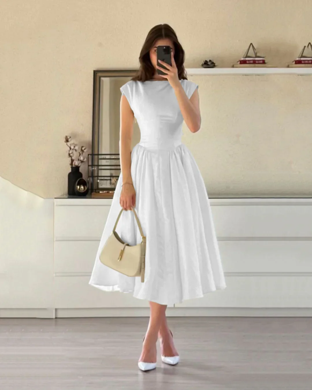 Cap Sleeve Fit & Flare A-Line Midi Dress in White - Image 2