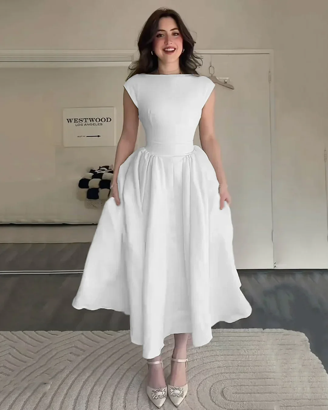 Cap Sleeve Fit & Flare A-Line Midi Dress in White - Image 3