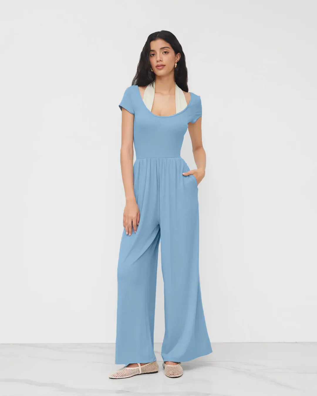 Cap Sleeve Tie Back Jumpsuit with White Inner Layer in Powder Blue - Image 3
