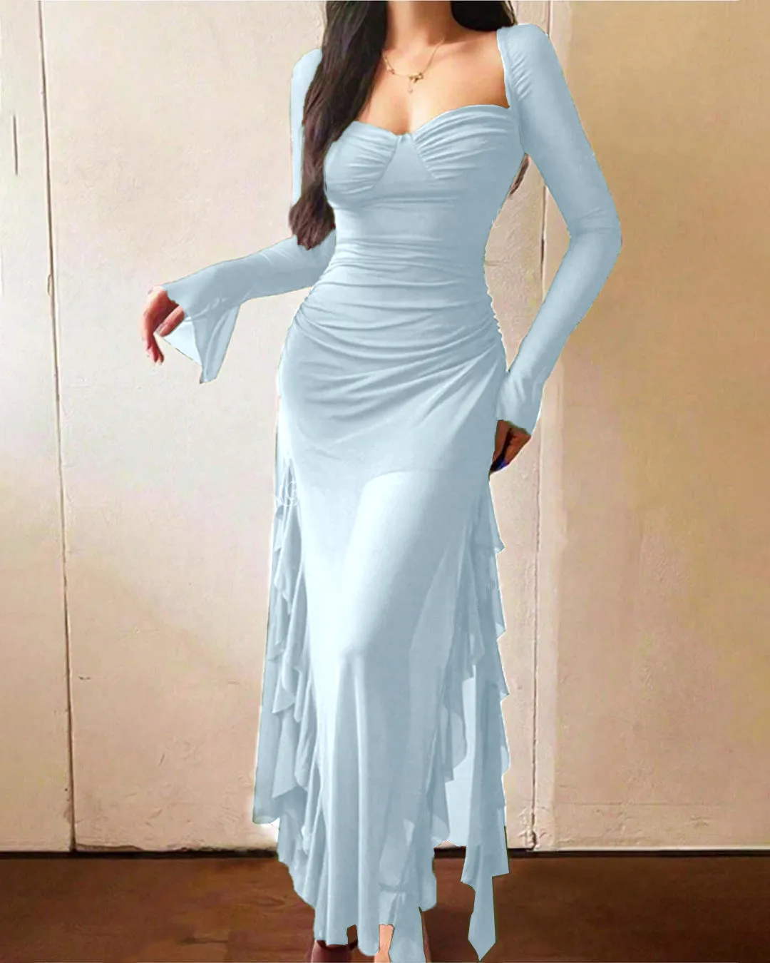 Casual Flared Long Sleeve Mesh Ruffle Hem Dress In Dusty Blue - Image 2