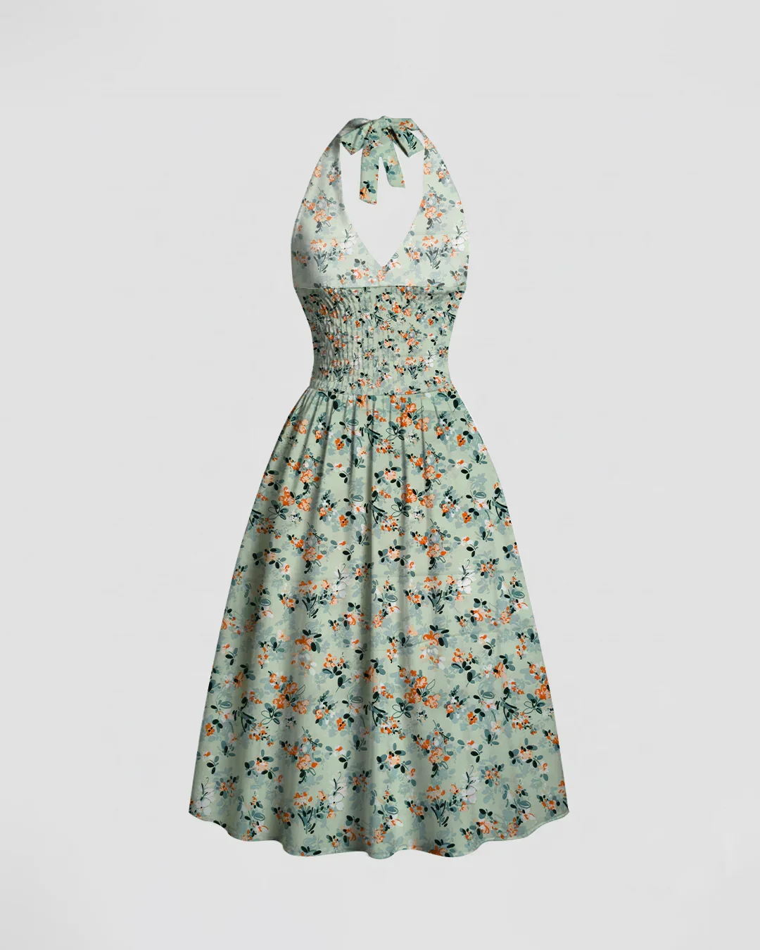 Casual Halter Neck Slim Fit Flared Hem Floral Sleeveless Midi Dress - Image 3