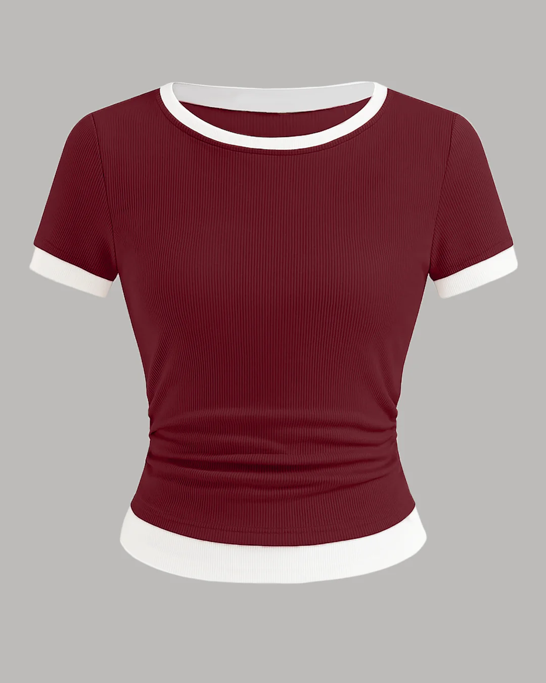Casual Slim Fit Maroon and White Tee with Contrast Hem