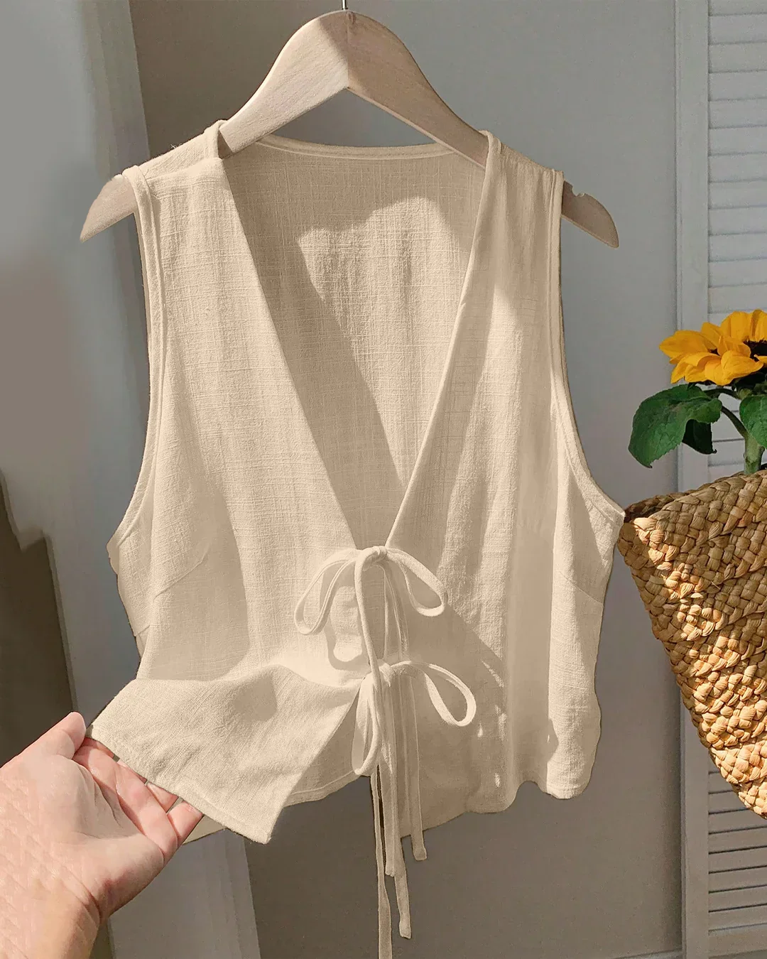 Casual Solid Tie-Front Sleeveless Top in Light Khaki - Image 2