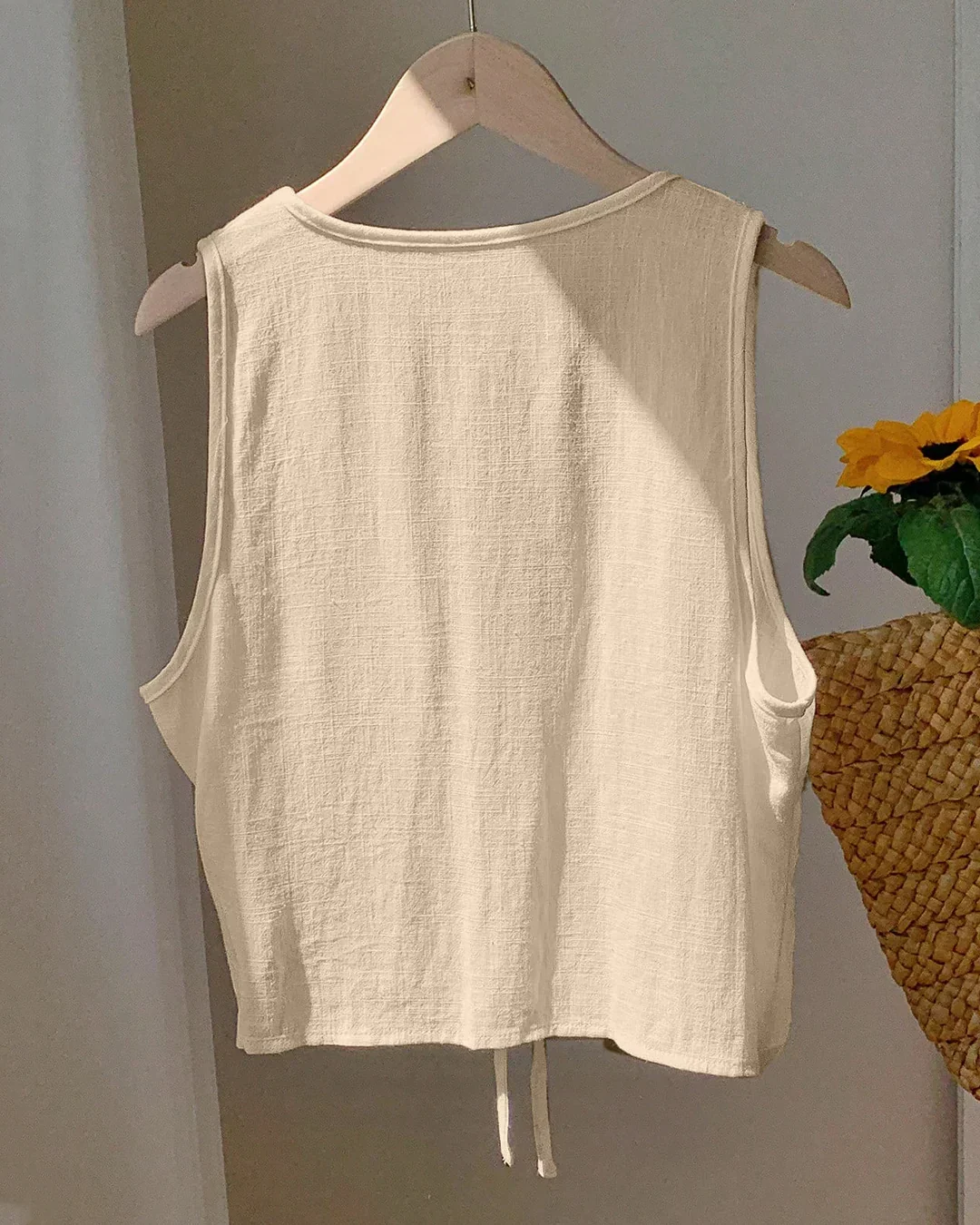 Casual Solid Tie-Front Sleeveless Top in Light Khaki - Image 3